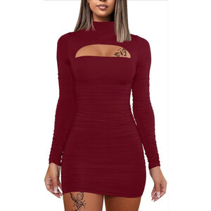 NEW Long Sleeve Cut Out Bodycon Ruched Party Club Mini Dress M